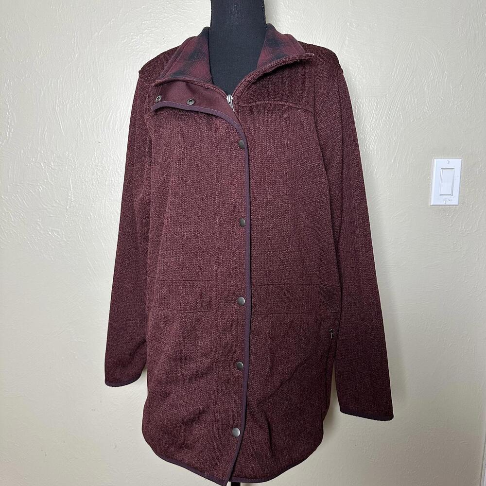 Eddie Bauer 2X Textured Fleece Jacket Relaxed Fit Burgundy Plaid Collar